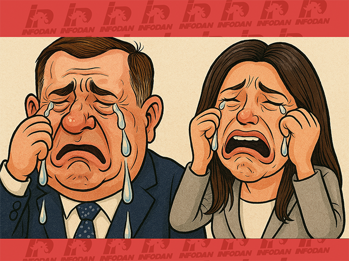 Karikatura političara i političarke koji plaču, satirična ilustracija s izraženim emocijama i suzama.