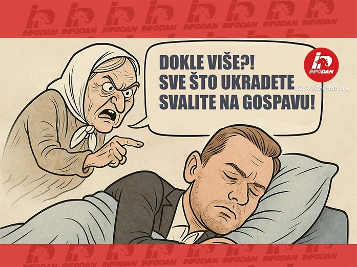„Karikatura: Draško spava dok mu se u snu pojavljuje ljuta baba Gospava i proziva ga zbog zaboravljenog stana od 135 kvadrata.“